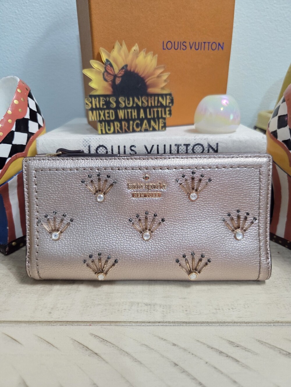 Kate Spade Patterson Drive Embellished Braylon Wallet Metallic Blush EUC
